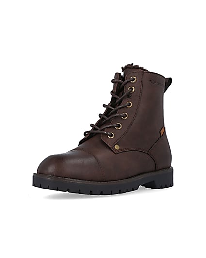 360 degree animation of product Boys Brown wide fit Pu Borg lined Boots frame-0