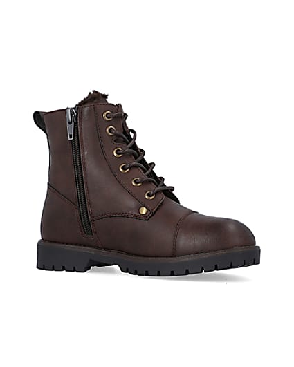 360 degree animation of product Boys Brown wide fit Pu Borg lined Boots frame-17