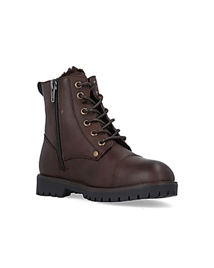 360 degree animation of product Boys Brown wide fit Pu Borg lined Boots frame-18