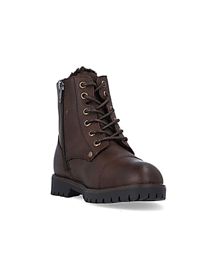 360 degree animation of product Boys Brown wide fit Pu Borg lined Boots frame-19