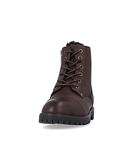 360 degree animation of product Boys Brown wide fit Pu Borg lined Boots frame-22