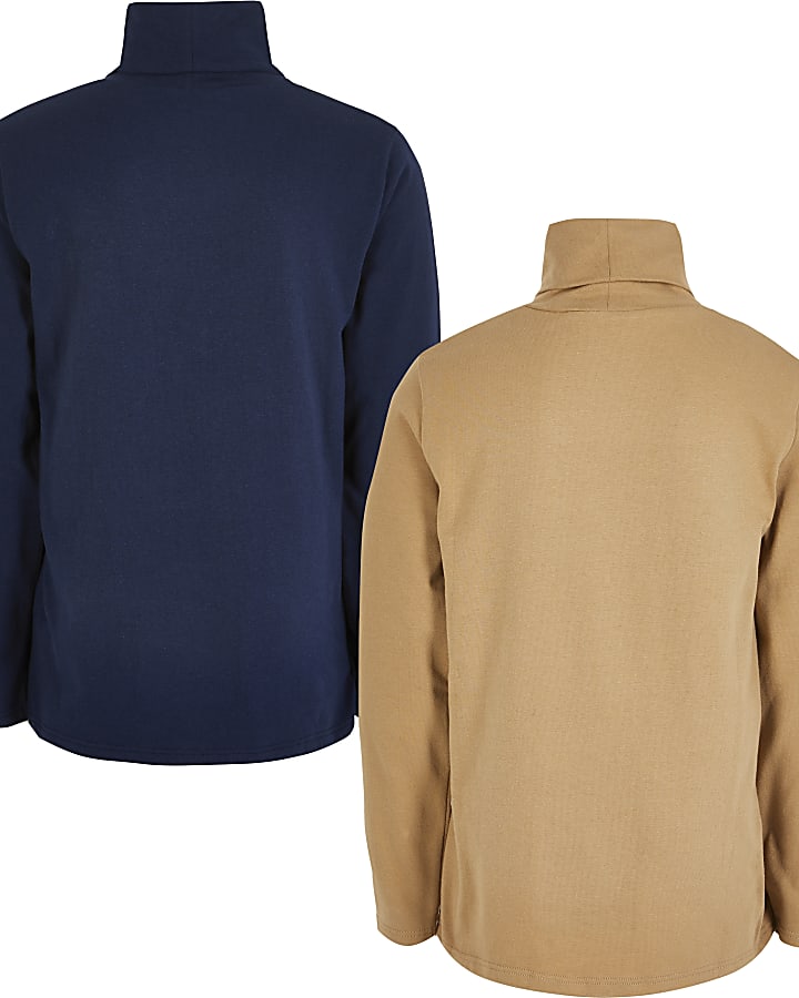 Boys camel and navy roll neck top 2 pack