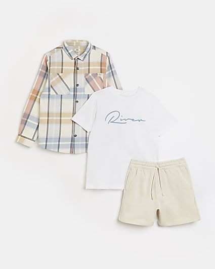Boys cream check shacket and shorts outfit