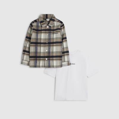 Boys Cream Check Shacket And T-Shirt Set