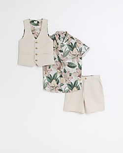 Boys cream floral shirt 3 piece suit set