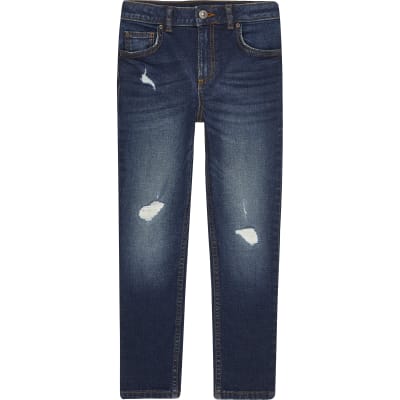 Boys Dark Blue Ripped Skinny Jean River Island