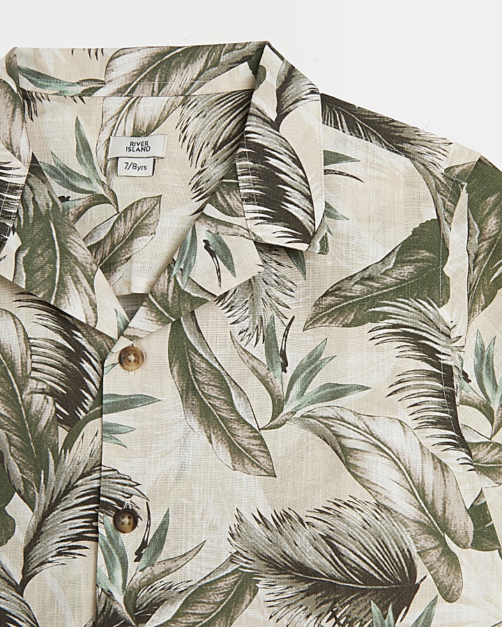 Boys ecru palm print textured shirt