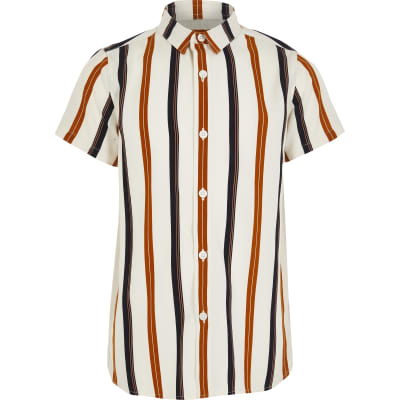 Boys ecru stripe short sleeve shirt | River Island