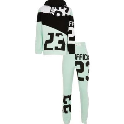 Boys green 23 print tracksuit River Island