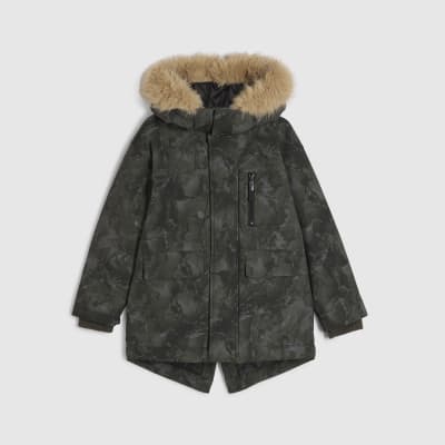 Boys Green Camo Faux Fur Hooded Parka Coat