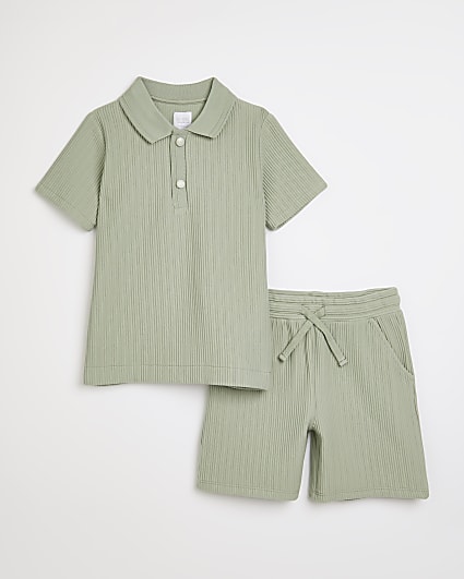 Boys green RI ONE rib polo and shorts outfit