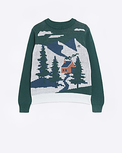 Boys Green Scenic Print Knitted Jumper
