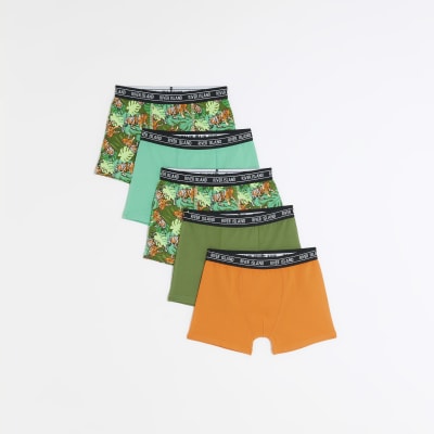 Boys green tiger print boxers 5 pack | River Island