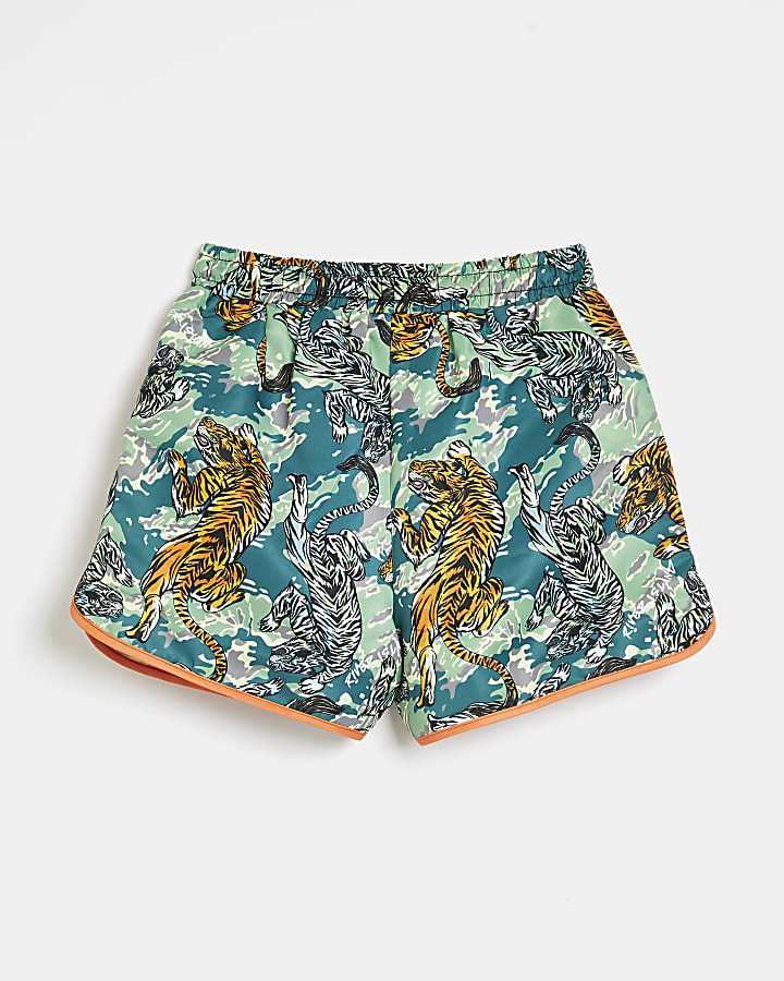 Boys green tiger print swim shorts