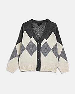 Boys Grey Argyle Knitted Button up Cardigan