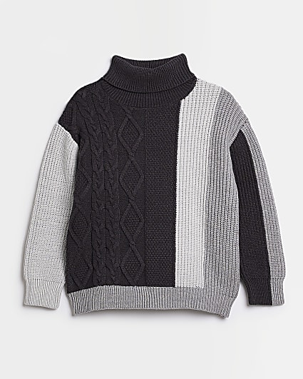 Boys grey Blocked Cable Knit Roll Neck Jumper