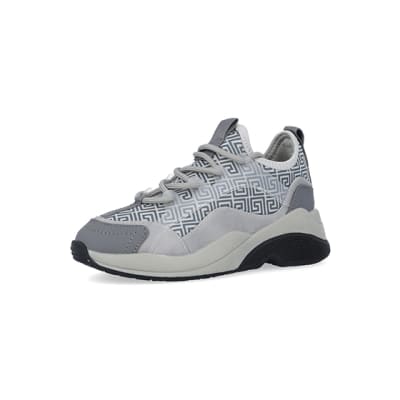 360 degree animation of product Boys Grey Chunky Sole Geometric Trainers frame-1