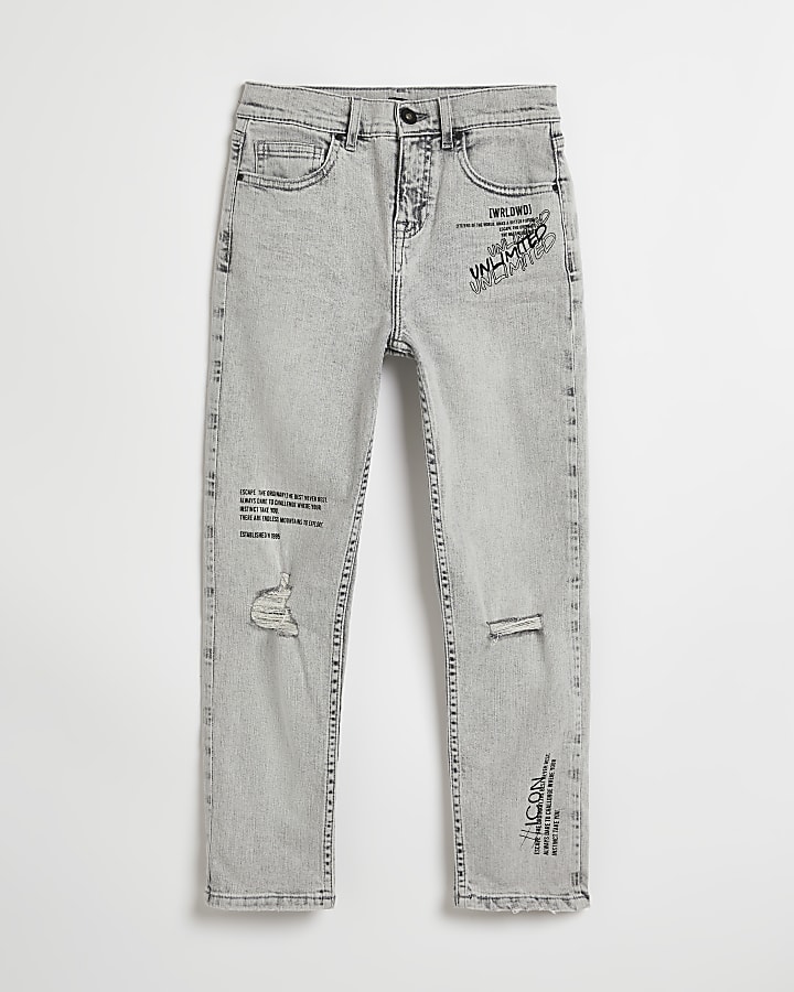 Boys grey graphic ripped jeans