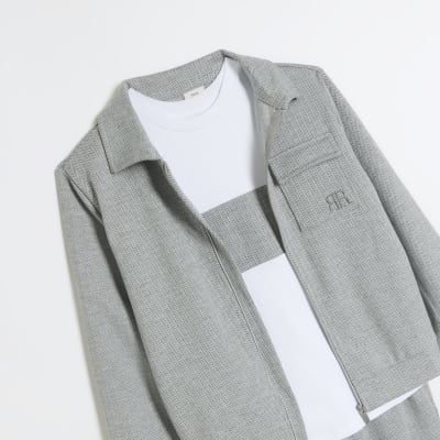Boys grey herringbone zip up sweatshirt set River Island