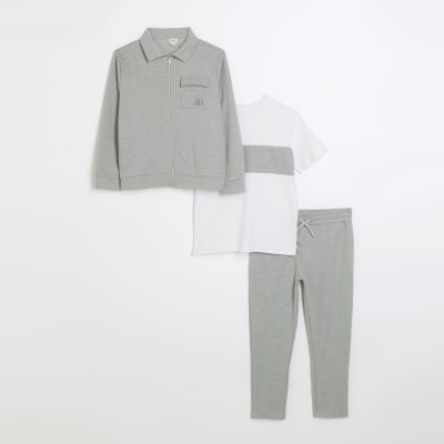 Boys grey herringbone zip up sweatshirt set River Island