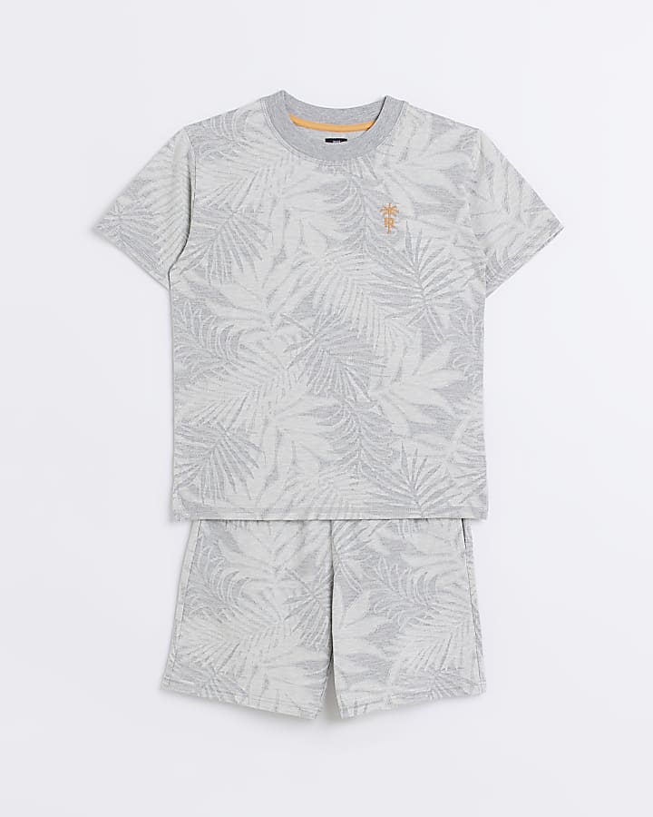 Boys Grey Jacquard Palm Print Shorts Set