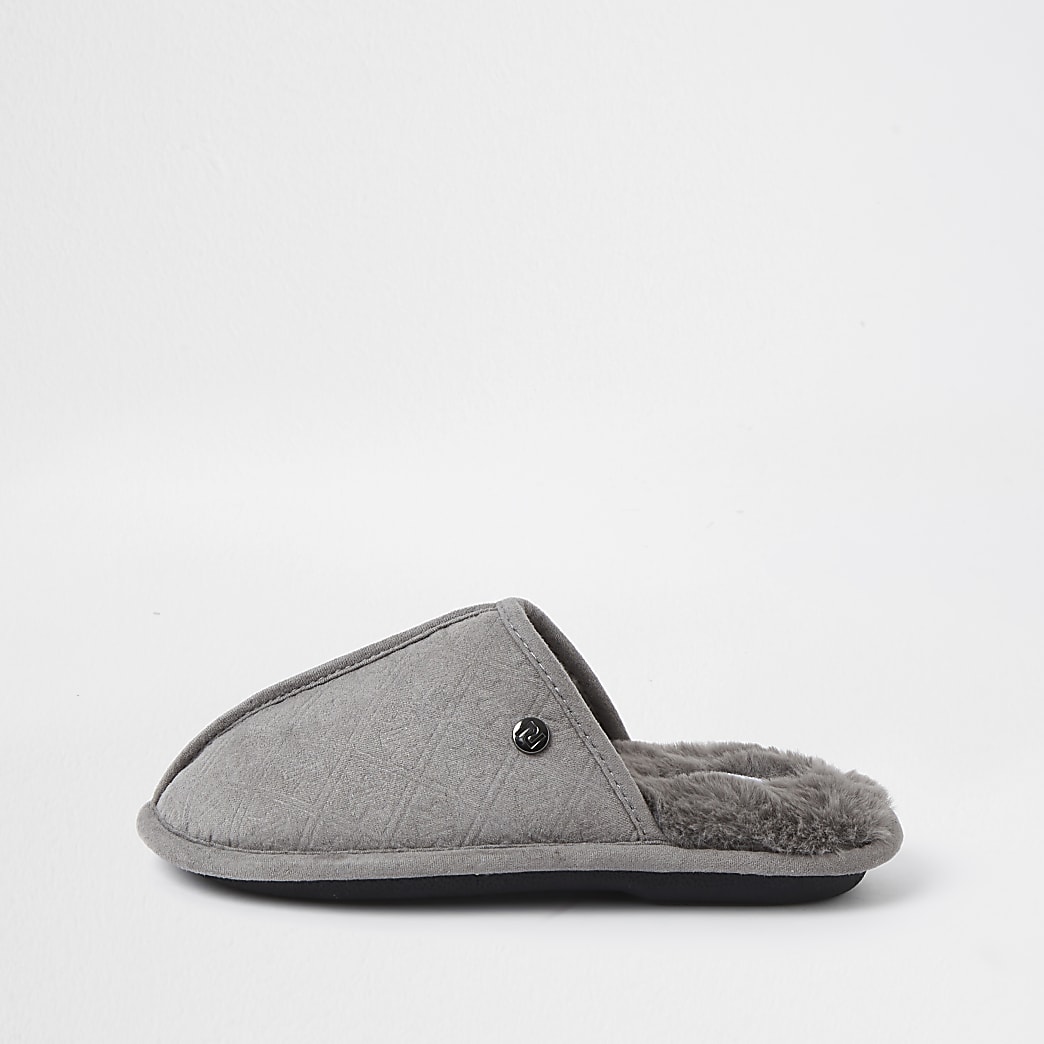 Boys grey monogram mule slippers | River Island