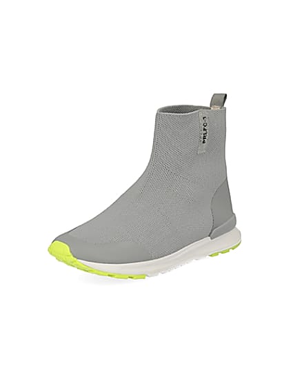 360 degree animation of product Boys grey Prolific high top knit trainers frame-0