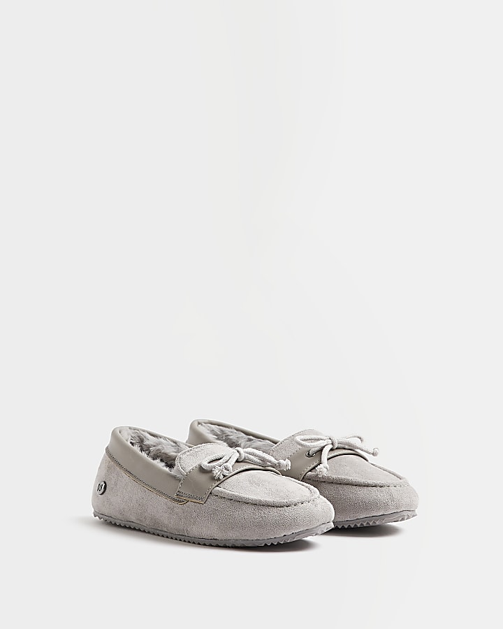 Boys Grey Suedette Moccasin Slippers