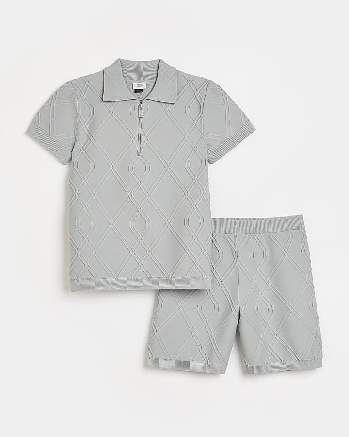 Boys grey textured polo shirt and shorts set