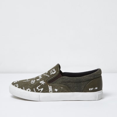 Boys khaki green grafitti slip on plimsolls