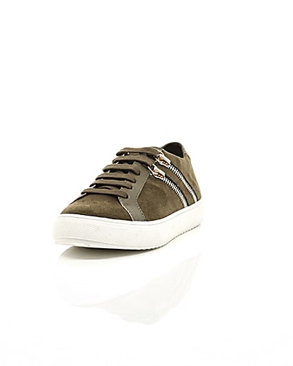 360 degree animation of product Boys khaki lace-up double zip trainers frame-2