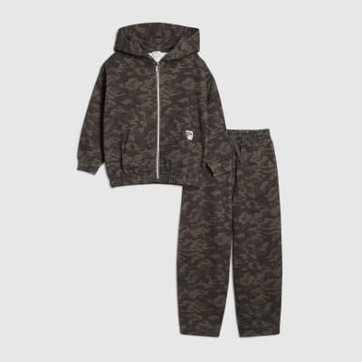 Boys Khaki Zip Through Camouflage Hoodie Set