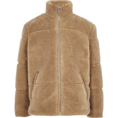 Boys light brown borg puffer jacket