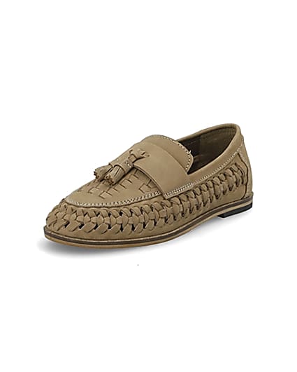 360 degree animation of product Boys light brown leather woven loafers frame-0