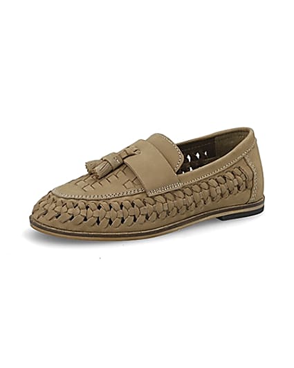 360 degree animation of product Boys light brown leather woven loafers frame-1