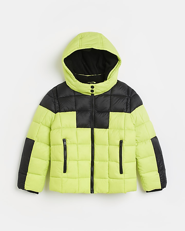 Boys lime colour block puffer coat