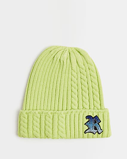 BOys Lime Green Cable Knit Beanie Hat