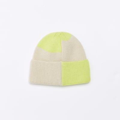 Boys lime green colour block beanie | River Island