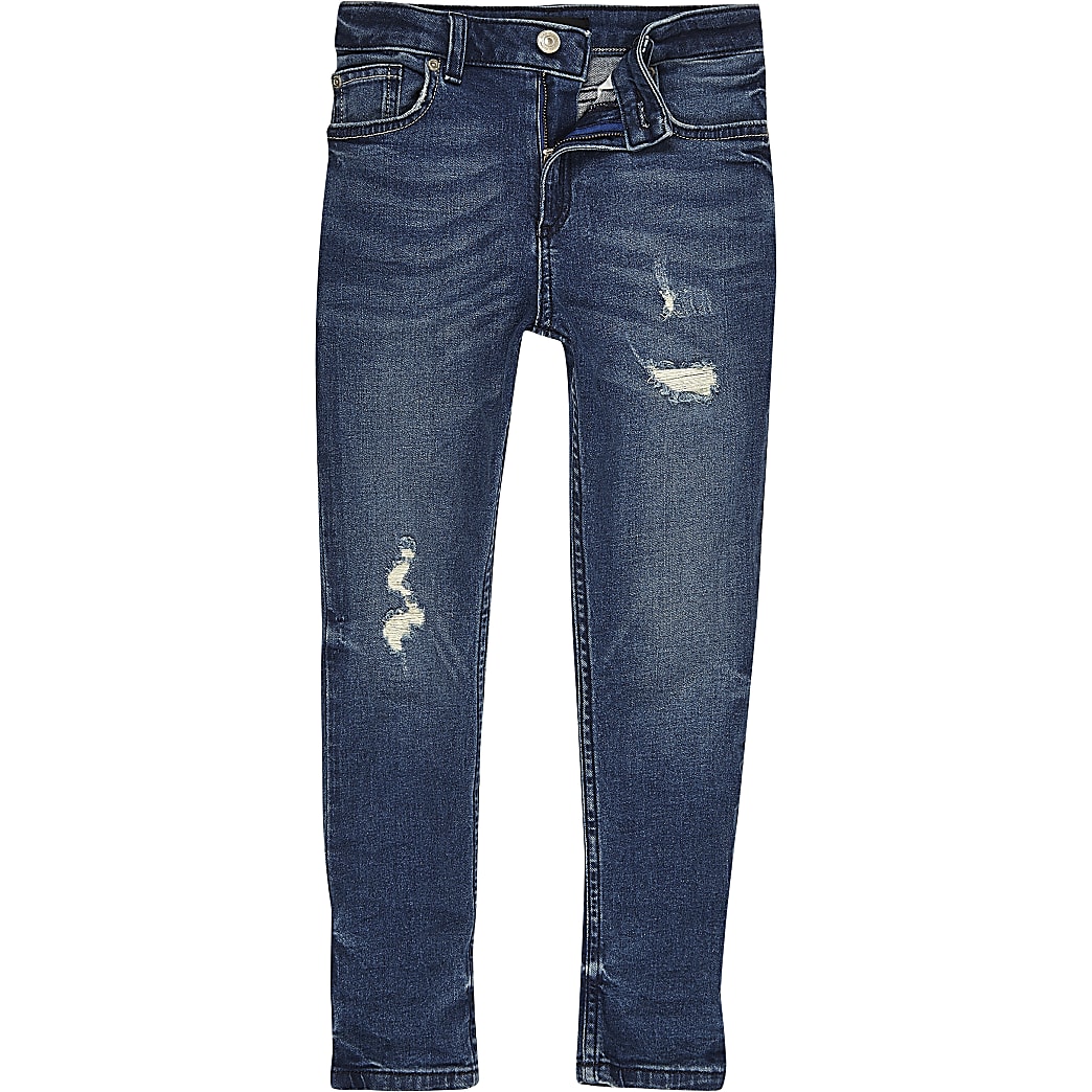 Boys mid blue ripped Sid skinny jeans | River Island