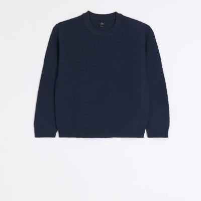 Boys navy brick stitch jumper | River Island