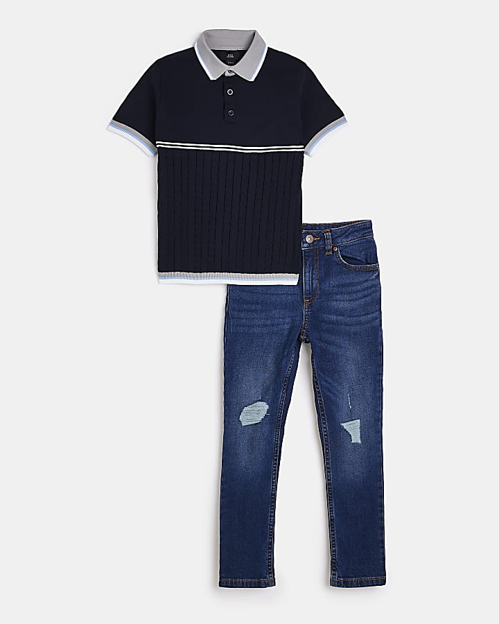 Boys navy cable stitch polo and jeans outfit