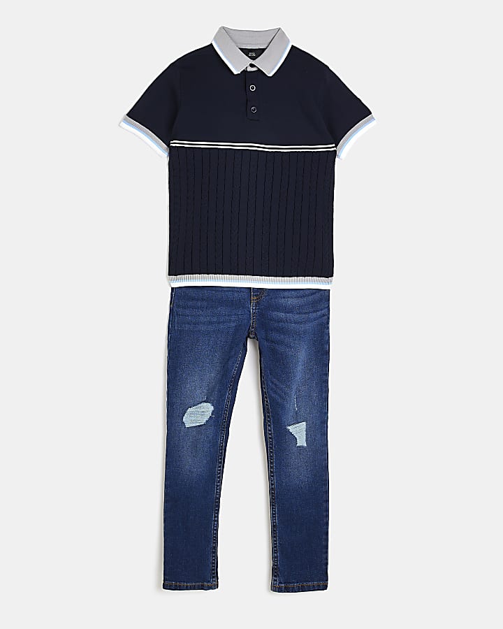 Boys navy cable stitch polo and jeans outfit