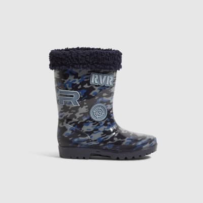 Boys Navy Camouflage Badge Wellies