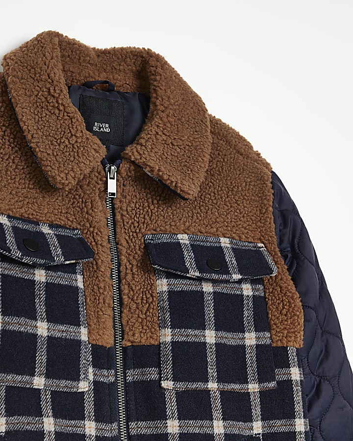 Boys Navy Check Borg Quilted SHACKET