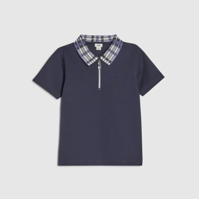 Boys Navy Check Collar Polo Shirt
