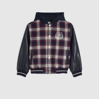 Boys Navy Check Hooded Bomber Jacket