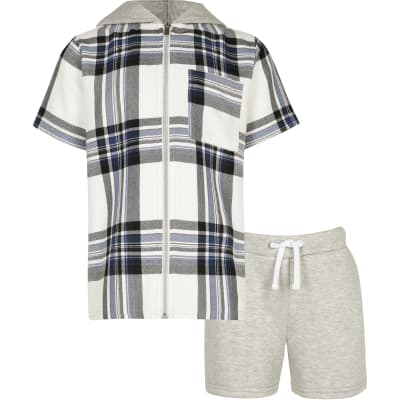 Boys navy check hooded shirt and shorts set | River Island