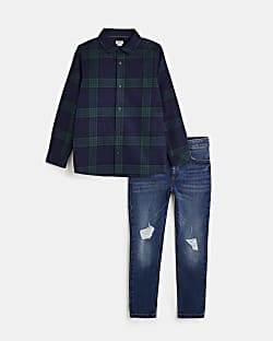Boys Navy Check shirt and Jeans outfit