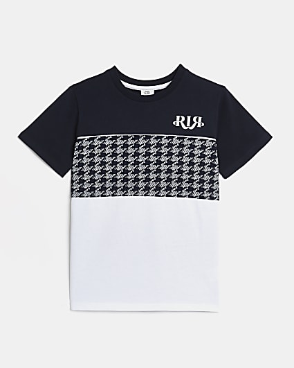 Boys navy colour block dogtooth t-shirt