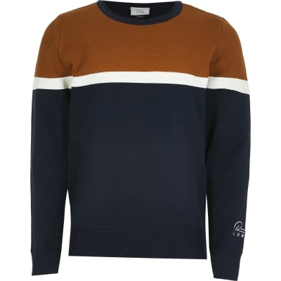 Boys navy colour block jumper River Island